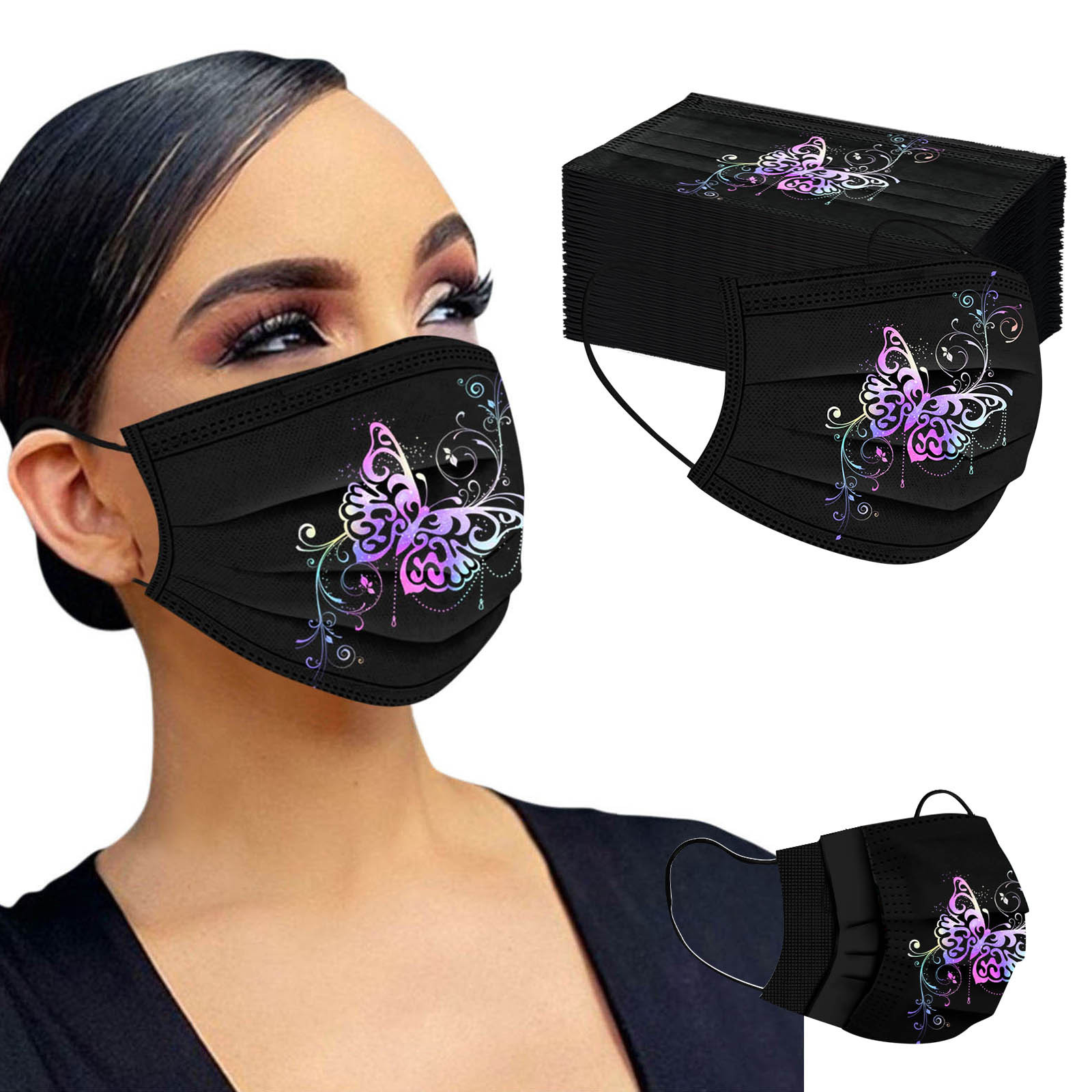 大人用 バタフライマスク 50枚入り 黒色プリント フェイス - Black Face Mask Pack のレビューと価格