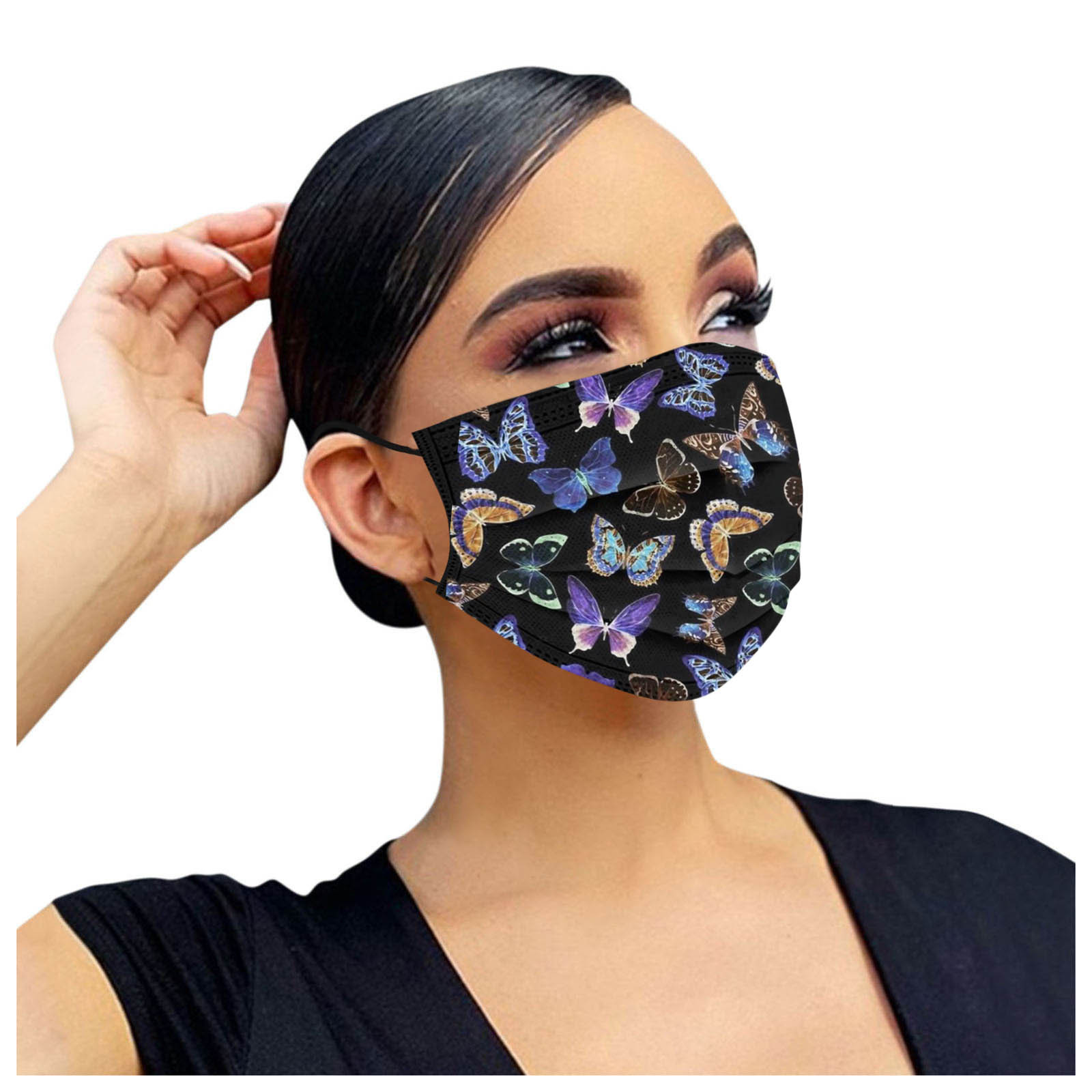 大人用 バタフライマスク 50枚入り 黒色プリント フェイス - Black Face Mask Pack のレビューと価格